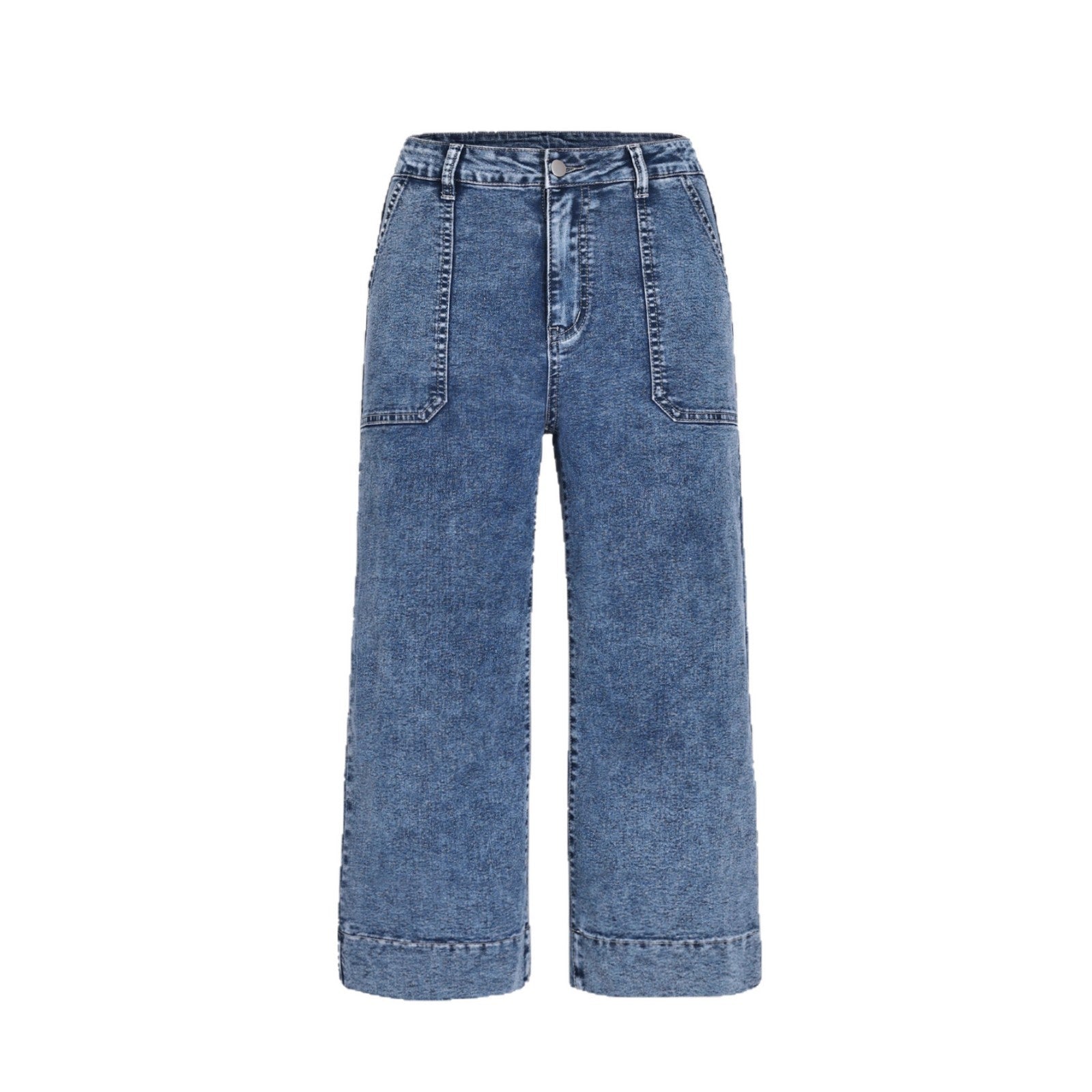 Pantalon large court amincissant taille haute à la française bleu foncé