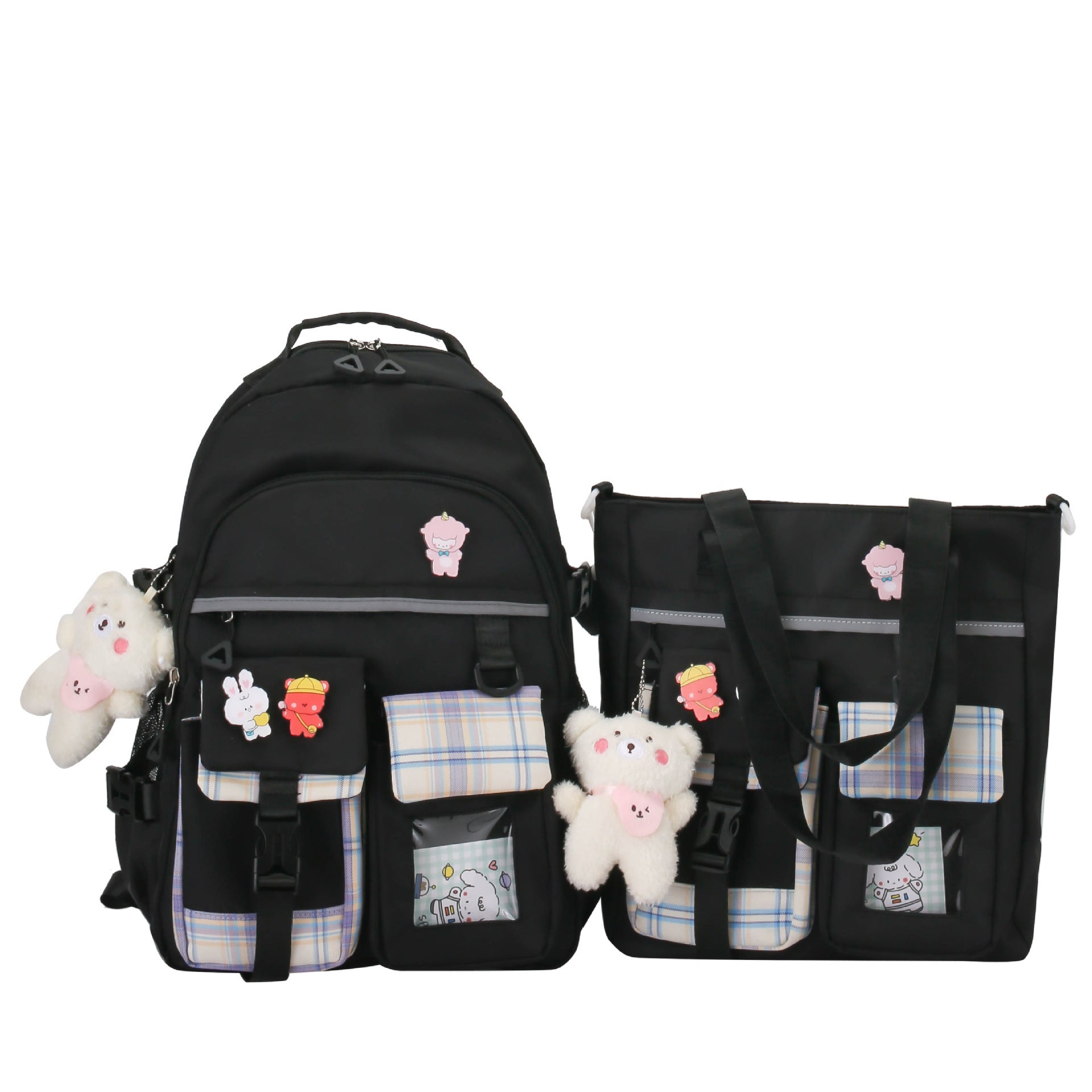 Harajuku Preppy Nylon Backpack Two-Piece Set with Stripes, 33x44x14cm
