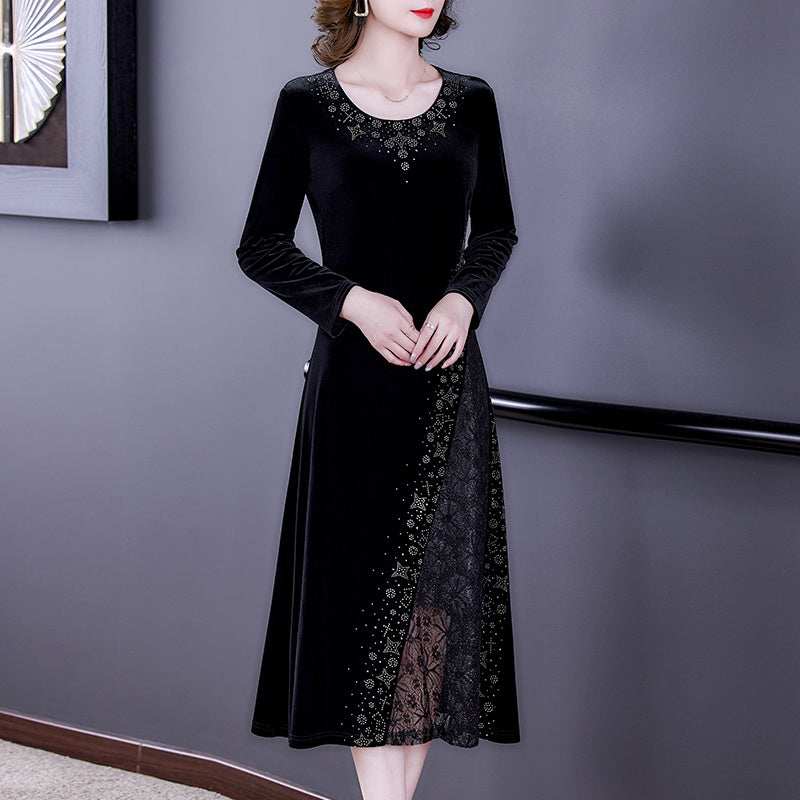 Autumn And Winter Plus Velvet Padded Lace Long-sleeved Dress