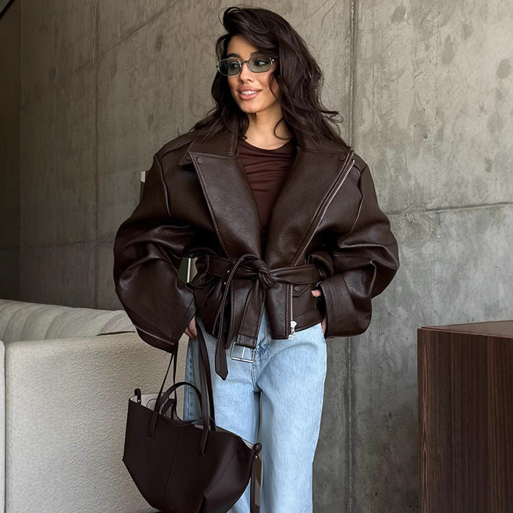 Women’s Brown Short Lace-Up Leather Coat, Sizes S-XL