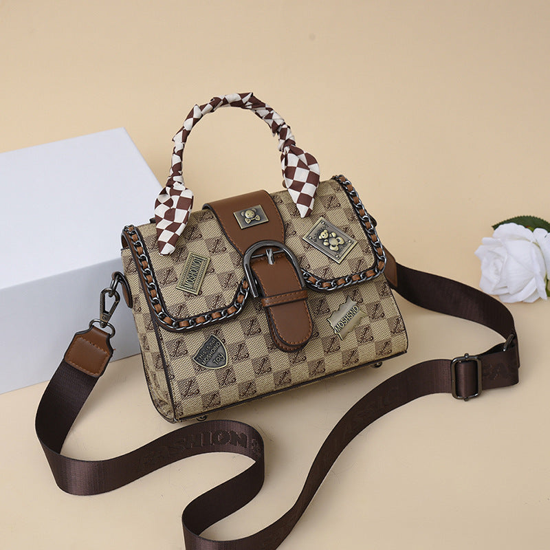 Women's Retro Printed Small Square Crossbody Bag in Khaki & Brown