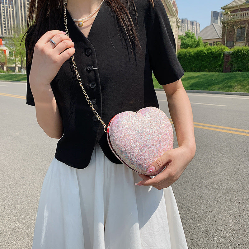 Shiny Crystal Peach Sequin Heart Chain Bag for Women
