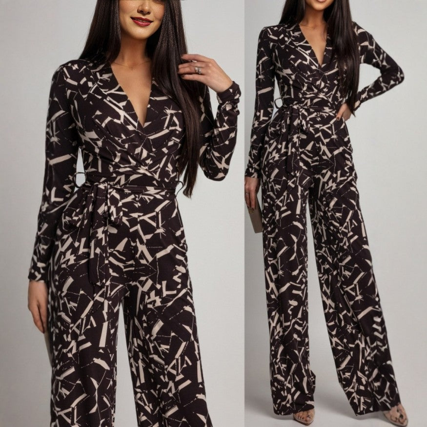 V-Neck Printed Long-Sleeve Jumpsuit for Women
