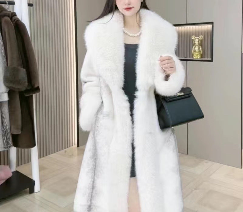 Women’s Mink Fur Collar Leather Overcoat Medium Length