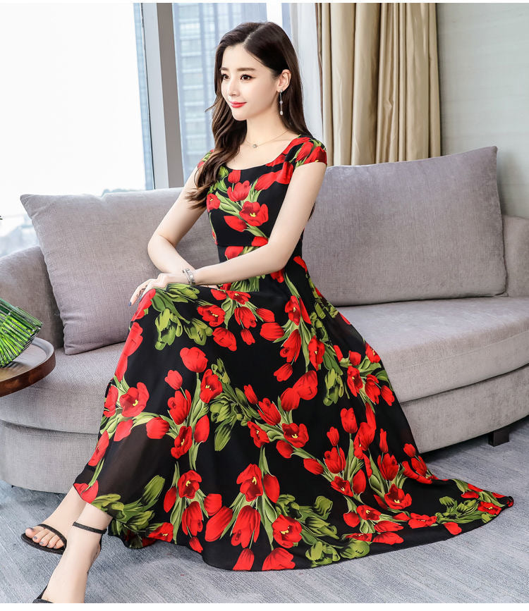 Bohemian Big Swing Long Skirt Dress with Round Neck and Short Sleeves