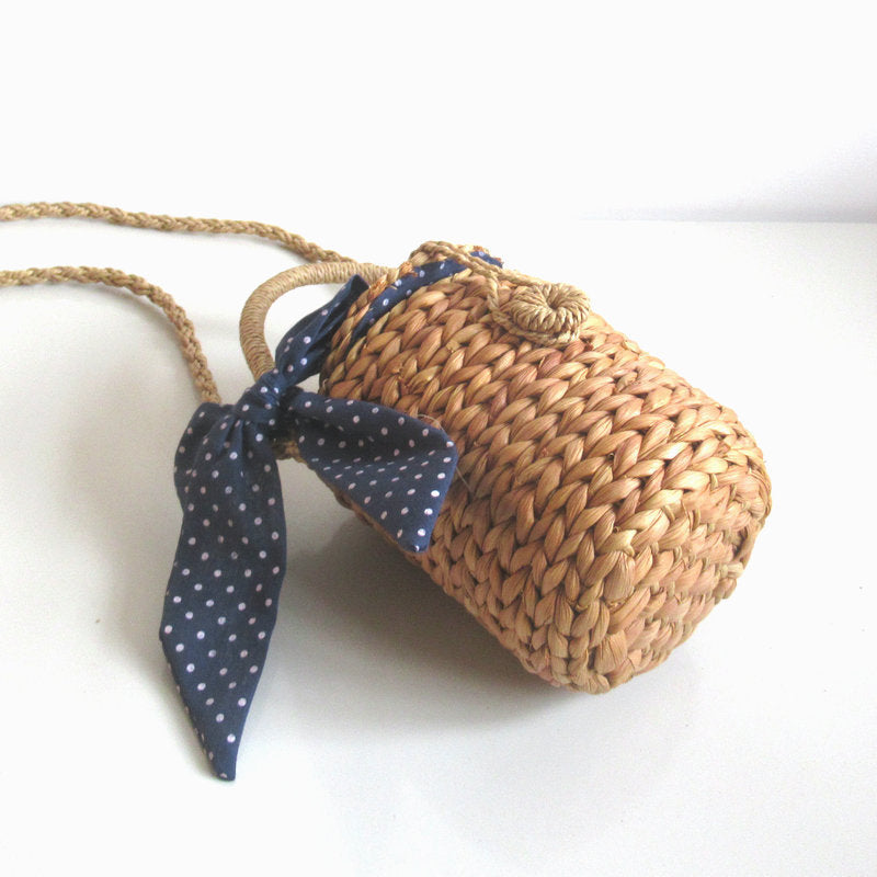 Small Cylinder Light Coffee Corn Fur Woven Bag with Bow