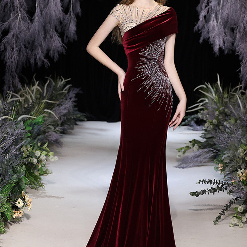 Women's Wine Red Mermaid Evening Dress with U-Neck