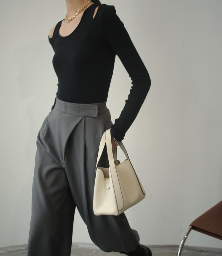 Sac seau en cuir de vachette première couche pour femme, portable pour les trajets quotidiens
