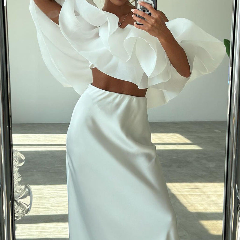 Elegant Off-Shoulder Ruffle Sleeve Top and Long Skirt Suit for Women