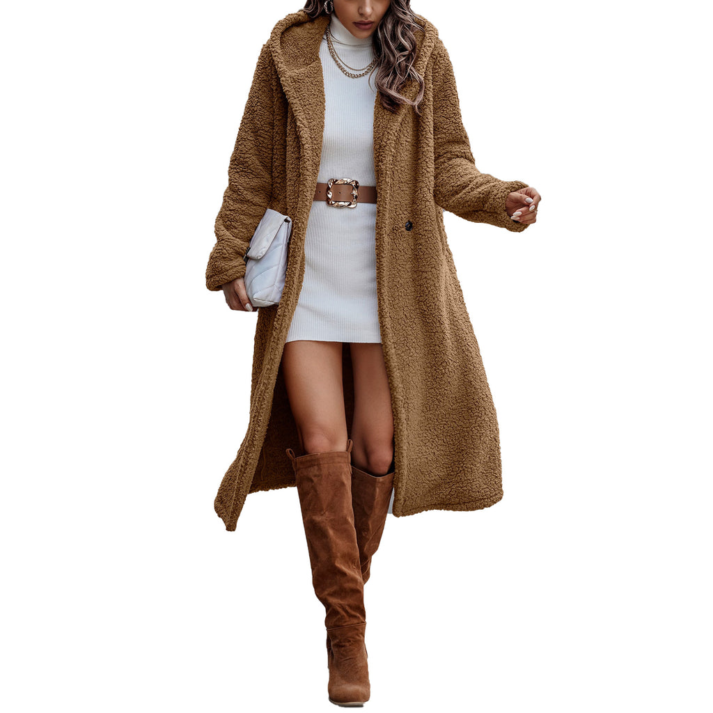 Veste à capuche en peluche marron à manches longues pour femme - Tailles S à 2XL