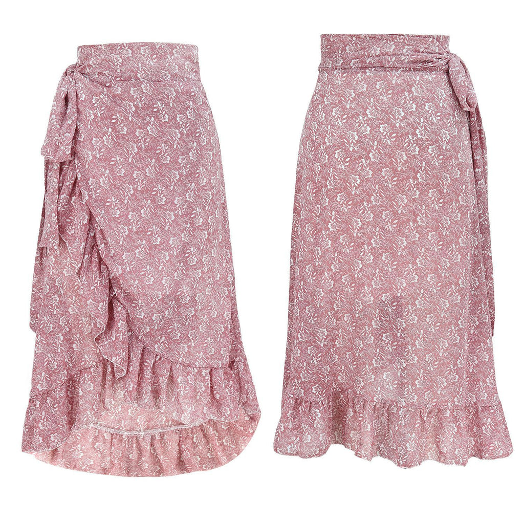 Jupe portefeuille taille haute noire en mousseline fleurie à volants coupe trapèze pour femme Printemps Été