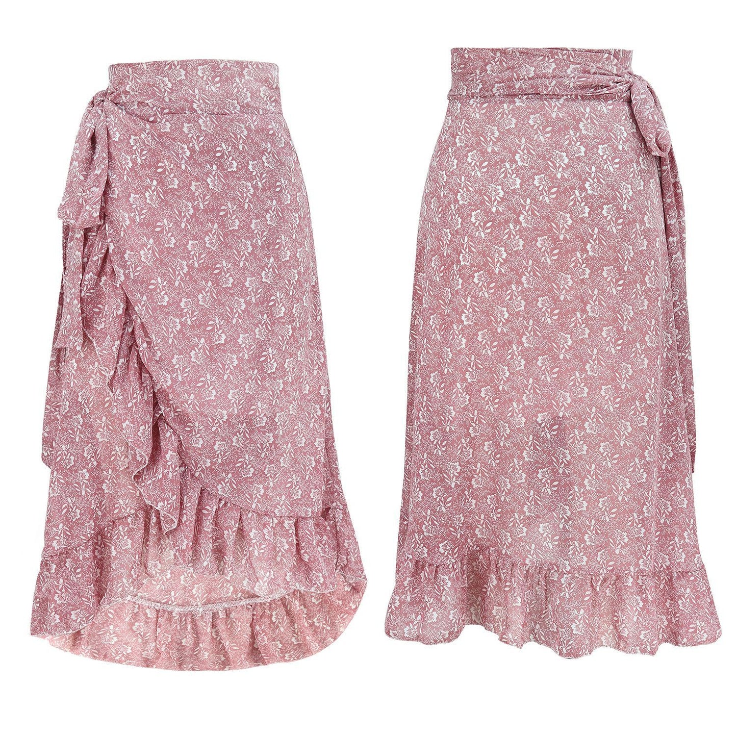 Women’s High Waist Black Floral Chiffon Wrap Ruffle A-Line Skirt Spring Summer