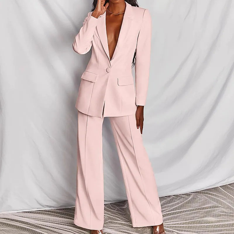 Ensemble blazer décontracté à revers et boutons et pantalon droit pour femme (2 pièces)