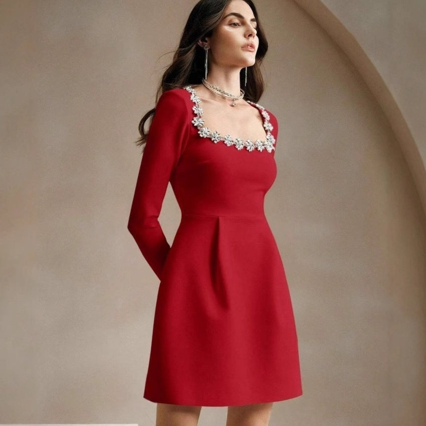Robe trapèze élégante à col en U et taille haute pour femme