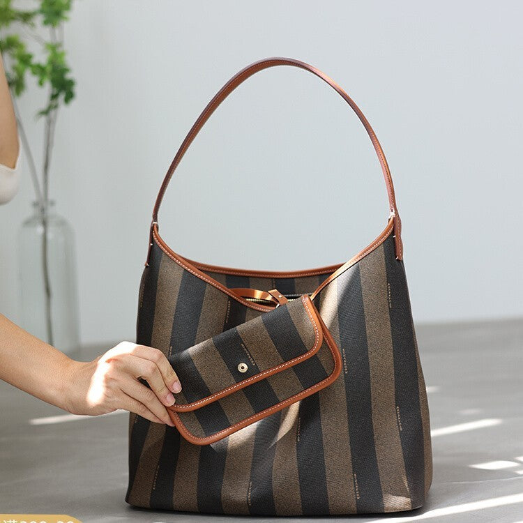 Head Layer Cowhide Soft Commuting Bag for Women with Retro Stripes