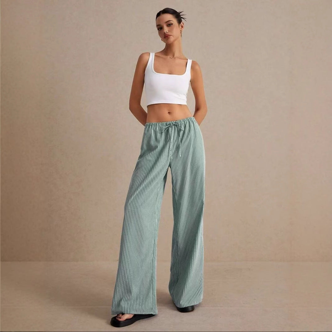 Women's Dark Green Loose Straight Trousers with Elastic Waist