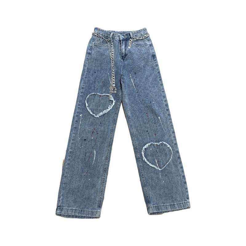 Brushed Heart Patch High Waist Straight Jeans