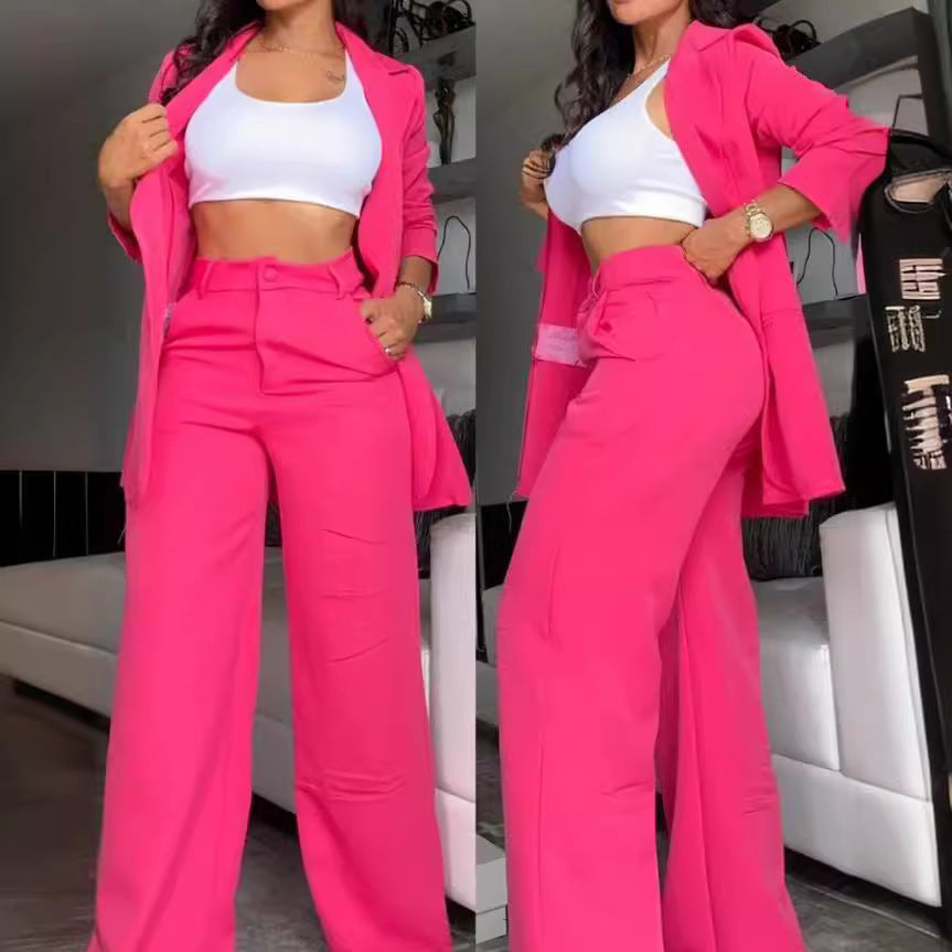 Pure Color Lapel Suit with Split Sleeves and Straight-Leg Pants for Women