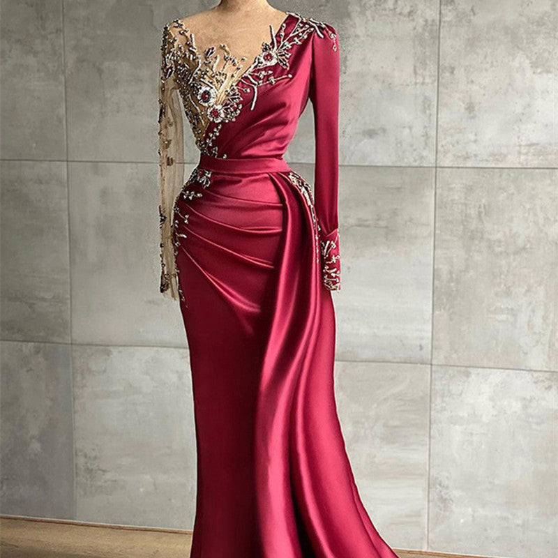 Robe Col Rond Satinée Slim Fit Rouge Lie de Vin