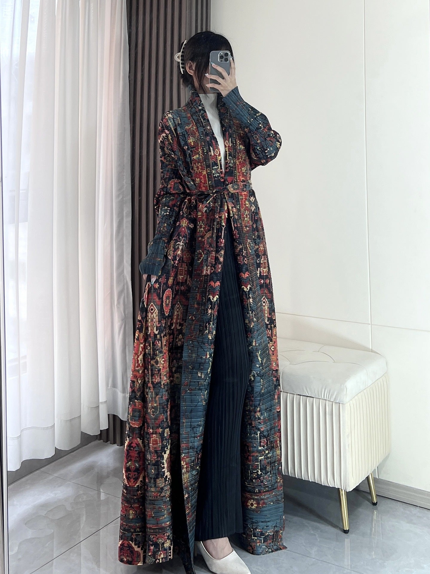 Pleated Print Fashionable All-match Lace-up Loose Arabian Abaya Robe