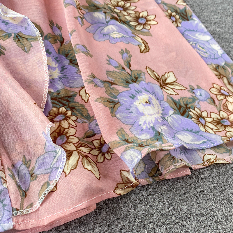 Women's V-Neck Floral Chiffon Dress One Size