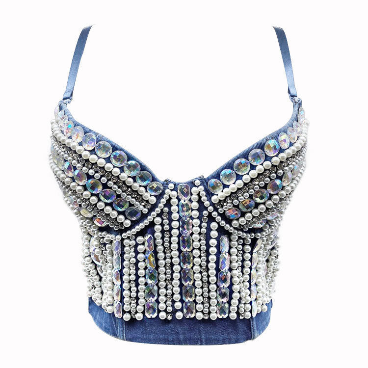 Heavy Industry Beads Diamond Shaping Breathable Fashion Denim Bra Vest