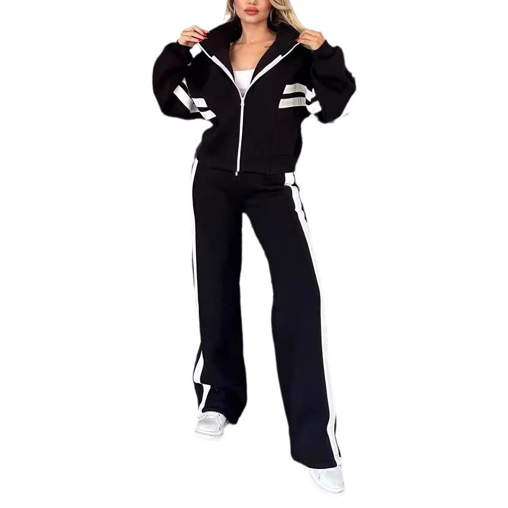Women’s Casual Striped Zipper Coat and Trousers Set