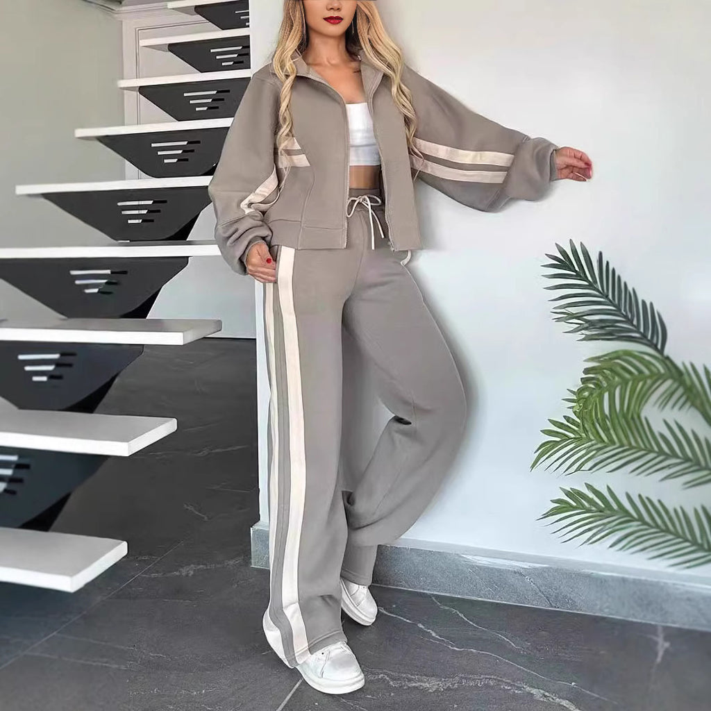 Women’s Casual Striped Zipper Coat and Trousers Set