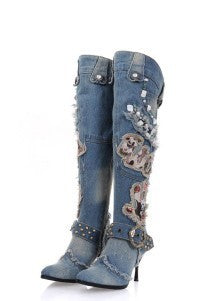 Bottes cuissardes en jean délavé à talons aiguilles pour femme