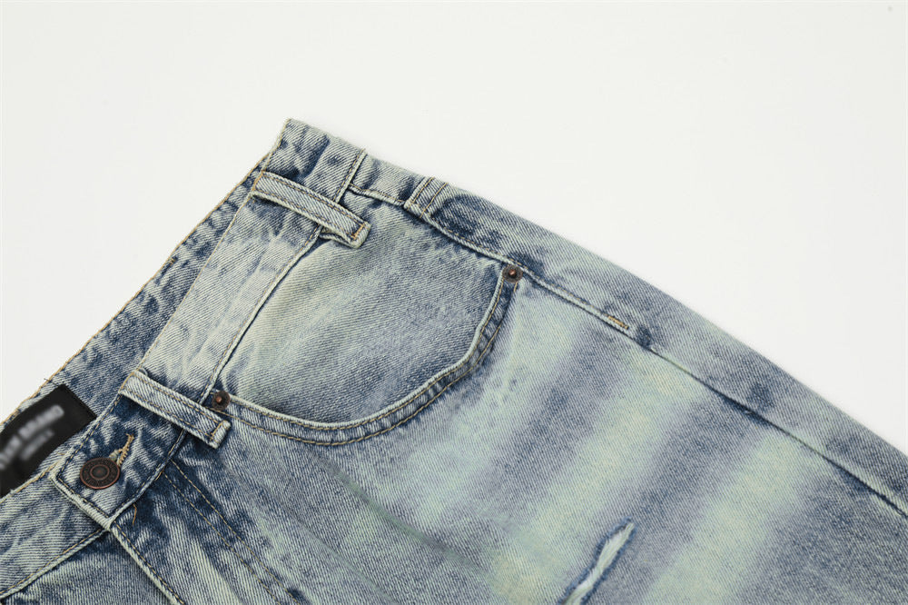 Men's Mid Waist Blue Washed Denim Trousers Ripped Jeans