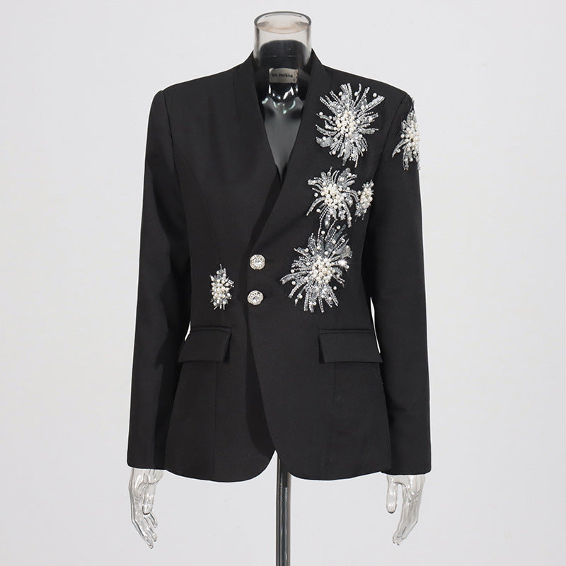 Rhinestone Solid Color Suit Coat for Women in Black & White