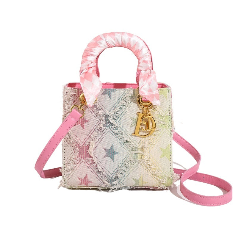 Denim Handbag Women's New-style Fashion Shoulder Niche Texture Rhombus Crossbody Bag