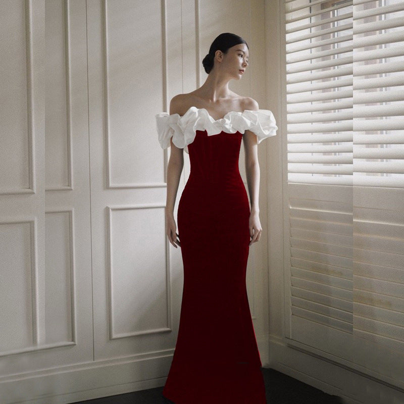 Robe de Soirée et de Mariée Sirène en Satin Français Épaules Dénudées