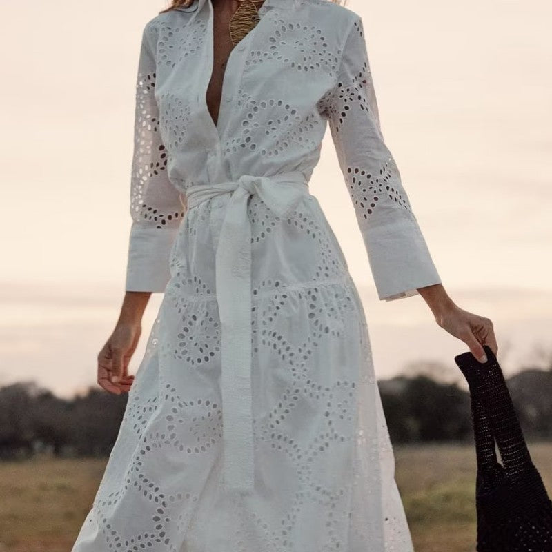 Robe élégante en coton blanc à manches longues, taille mi-haute, du XS au L pour femme