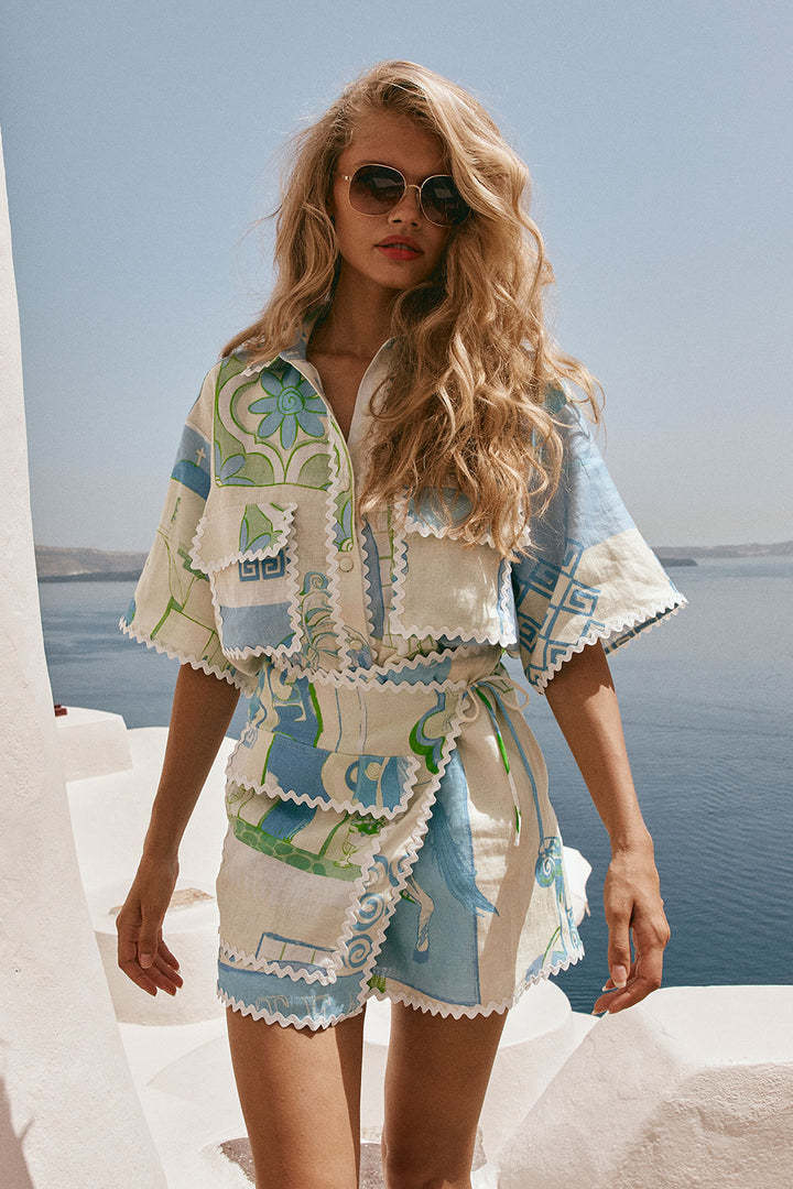 Elegant Geometric Lace Print Suit with Embossed Cotton Linen Fabric