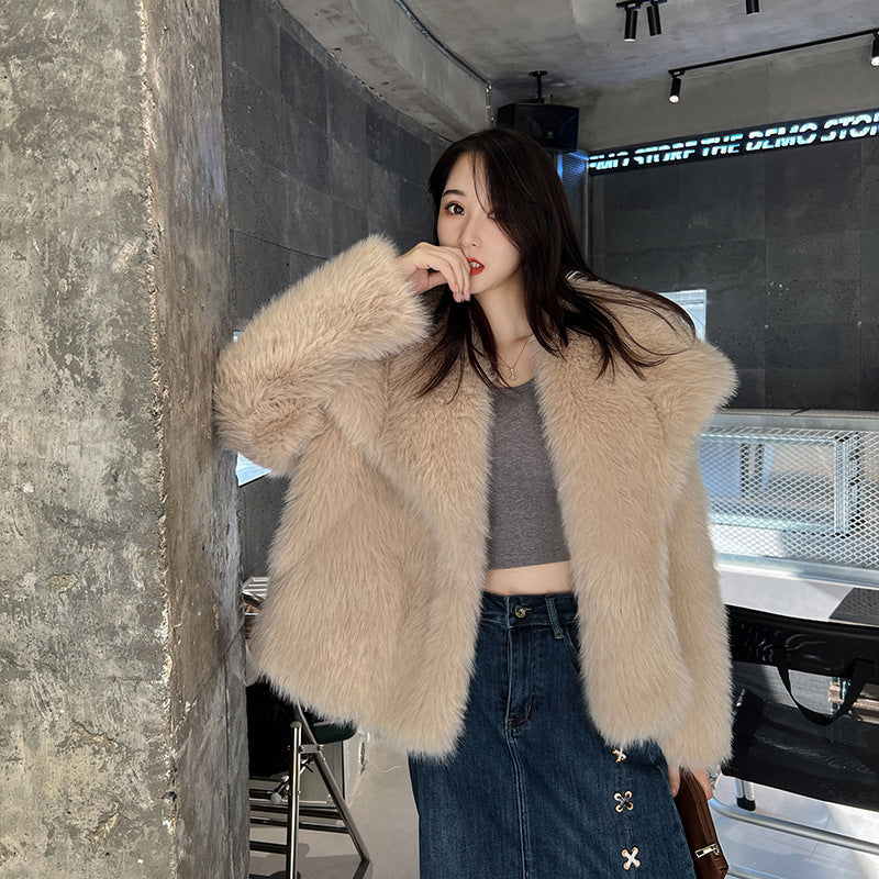 Women's Elegant Large Lapel Faux Fur Warm Coat in Black & Rice Apricot, Sizes S-XL