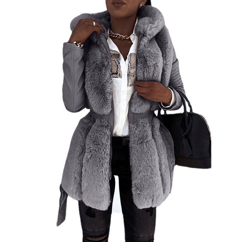 Women's Hooded Zipper Jacket with Fur Belt in Pink, Gray, Black, Brown