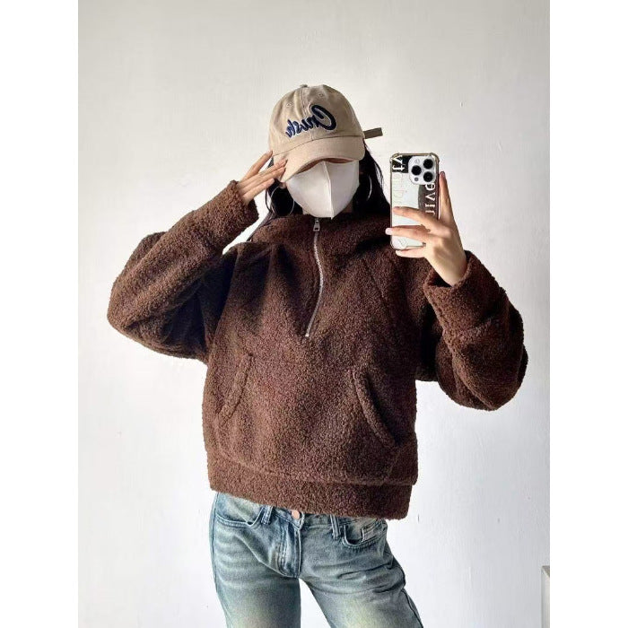 Sweat à capuche demi-zip décontracté pour filles en fausse laine d'agneau