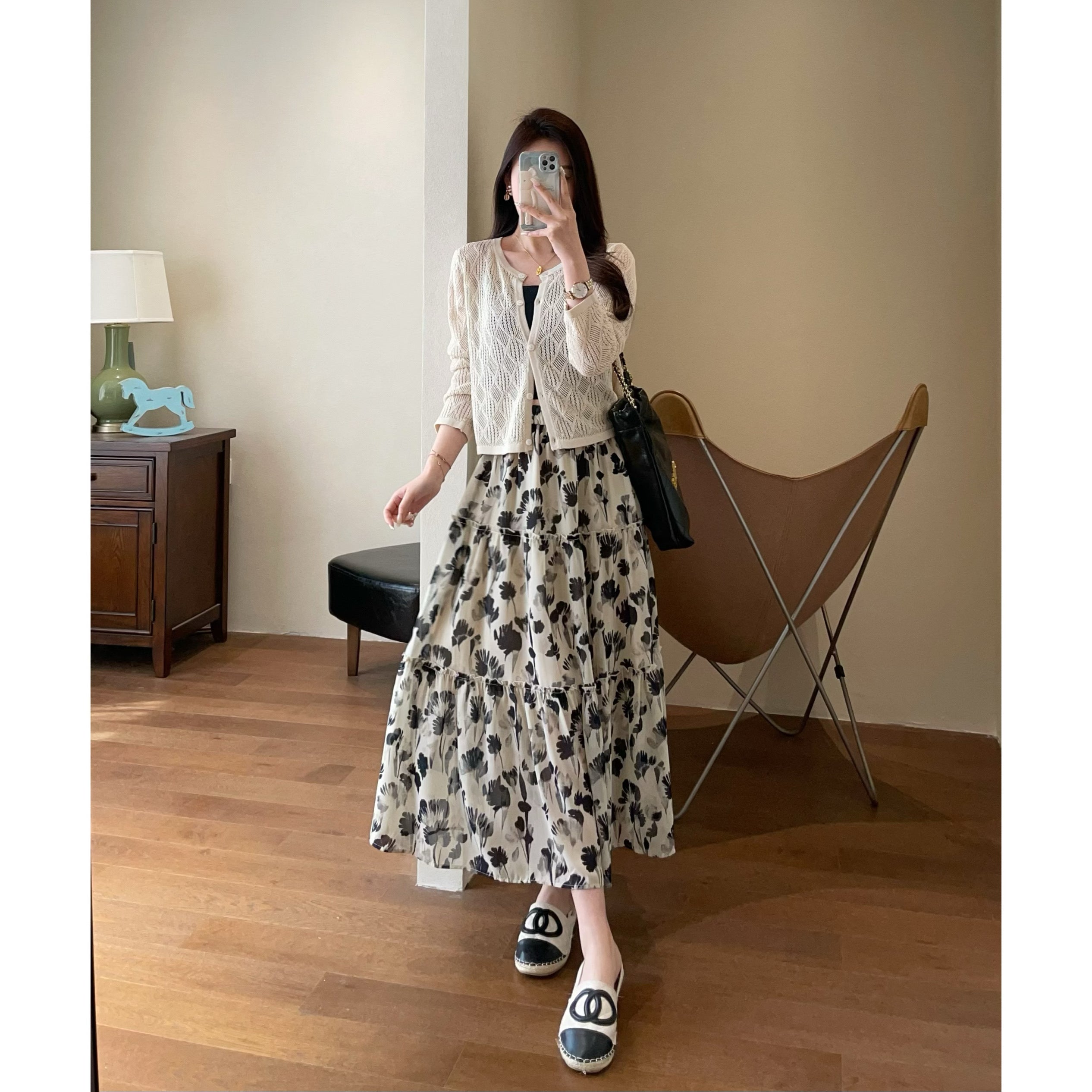 Elegant Romantic Ink Flower Printed Chiffon Skirt Mid-Length