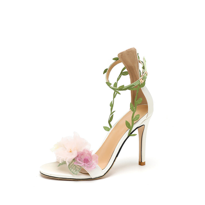 Sandales Femme à Talon Haut et Bride Végétale Rose et Blanc