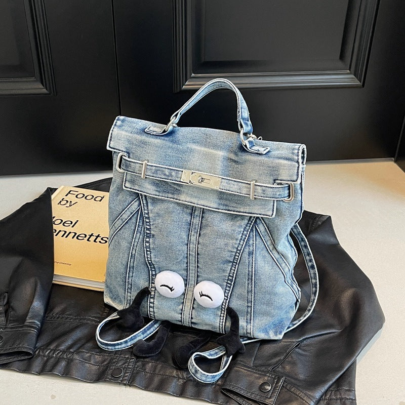 Sac à dos en jean délavé style rétro avec design à la simplicité urbaine