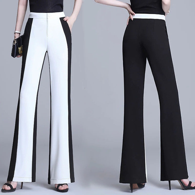 Women's Casual High-Waist Black & White Stitching Chiffon Straight-Leg Trousers