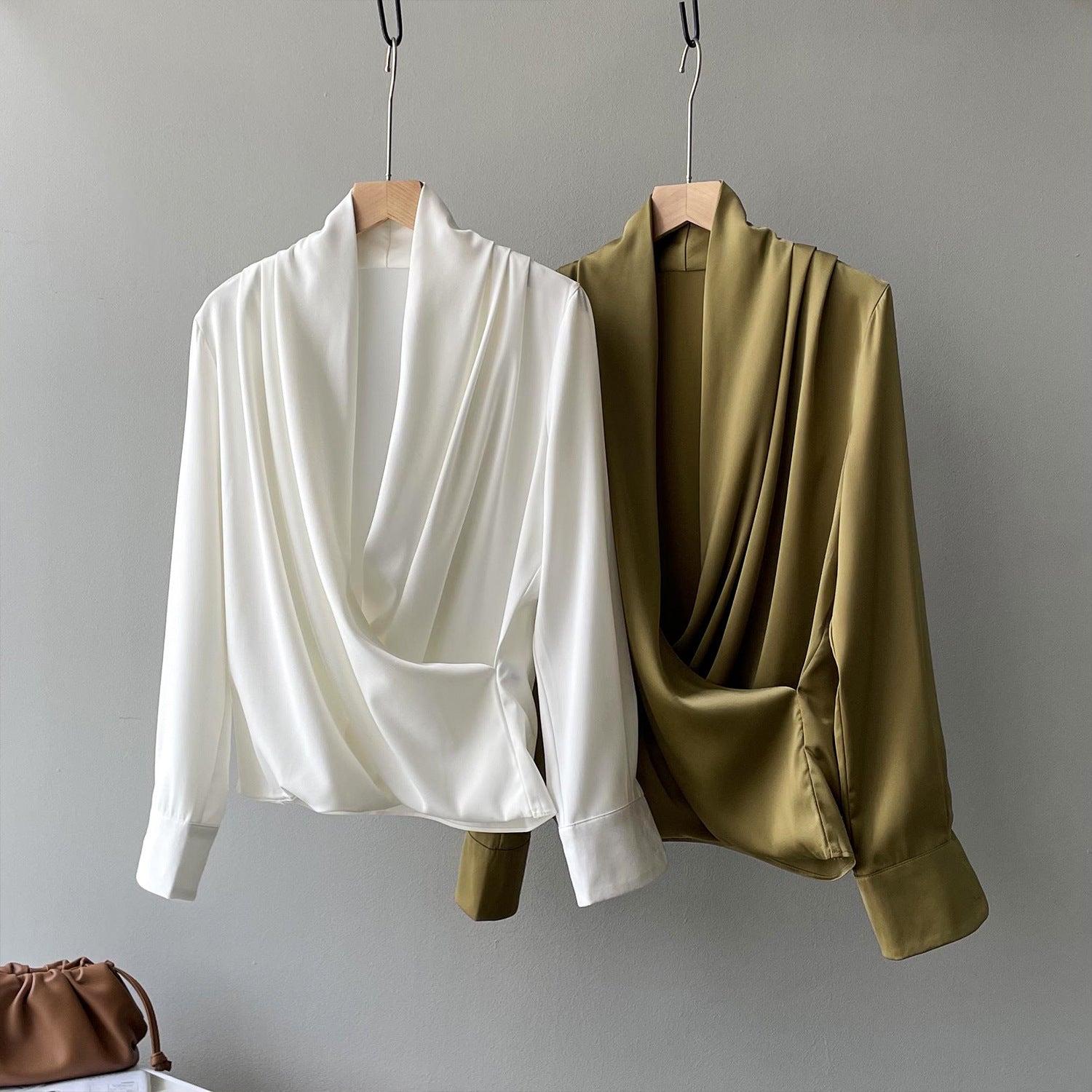 Women's Elegant White Satin V-Neck Long Sleeve Shirt