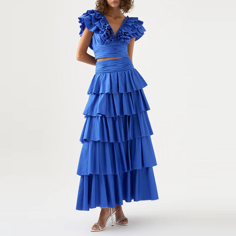 Women's V-Neck Lace Short Top & High Waist Cake Layer Dress Suit