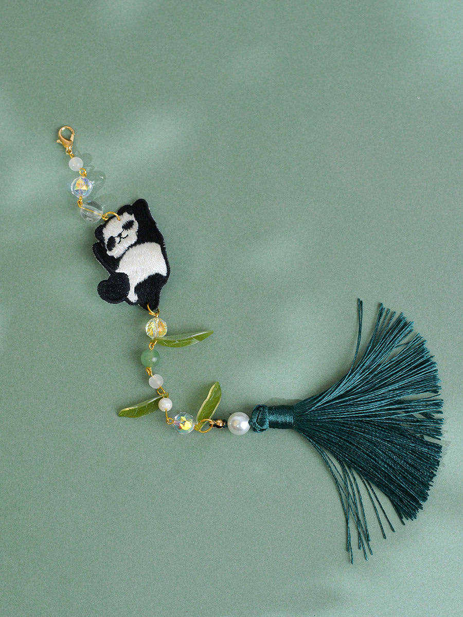 Sac bandoulière brodé Panda en PU de style Han avec pompon et chaîne de perles