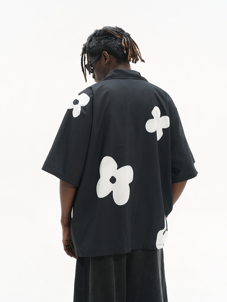 Vintage Hand Drawn Silhouette Floral Cuban Collar Short Sleeve Shirt