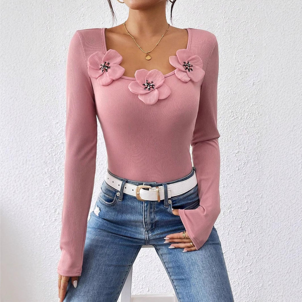 European & American Casual Slim Fit Pink Scoop Neck Knitted Top