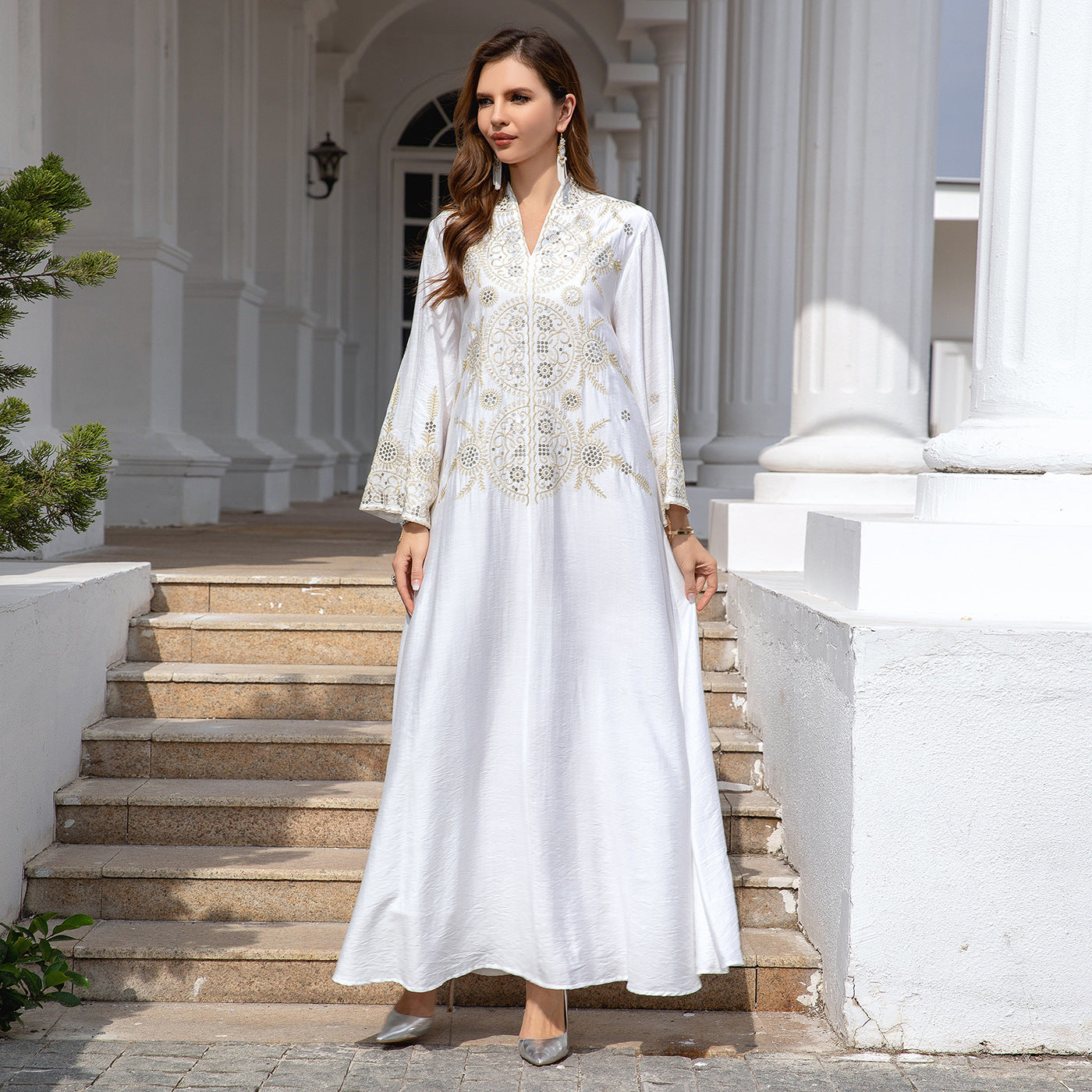 Muslim Women's Embroidered Robe Dress Long Sleeve Polyester