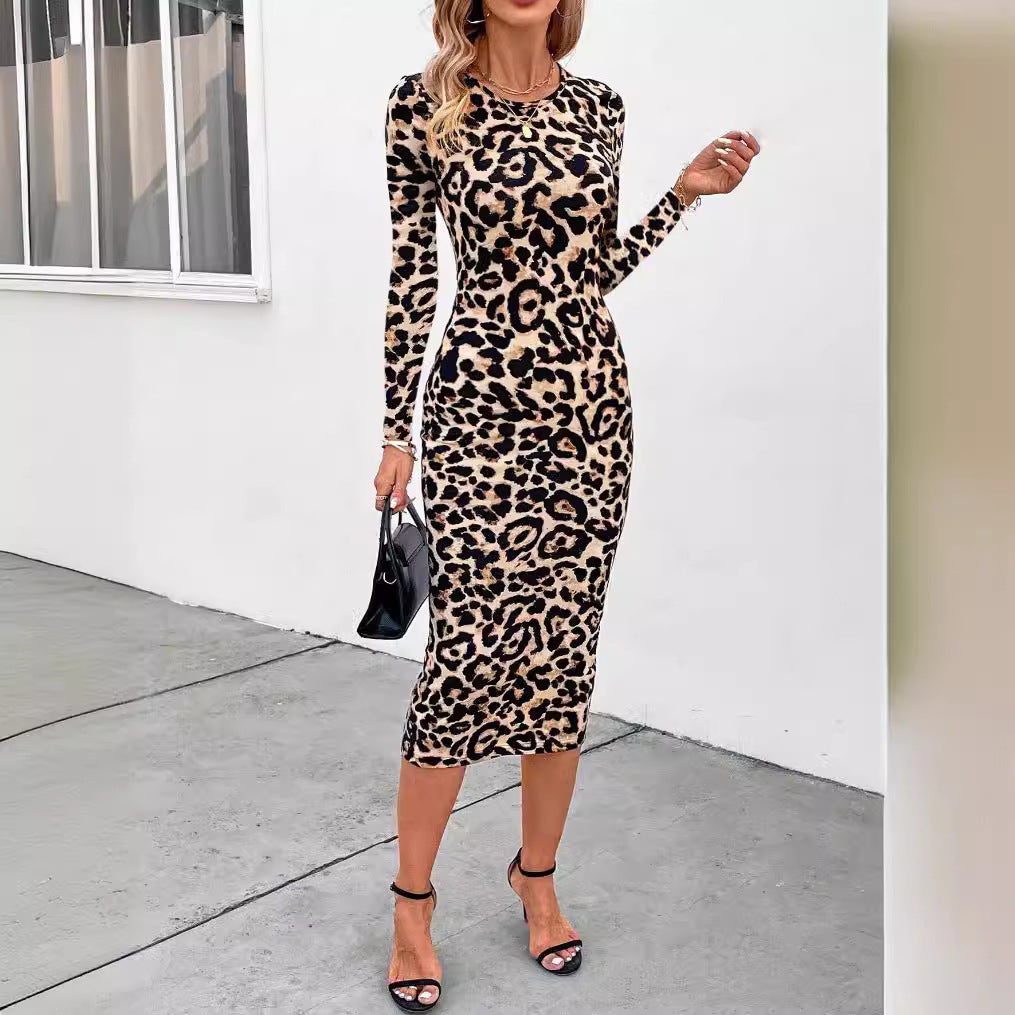 Leopard Print Round Neck Slim Fit Cashmere Dress