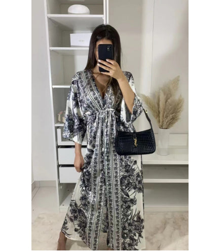Spring Summer V-Neck Short Sleeve Printed Long Swing Skirt